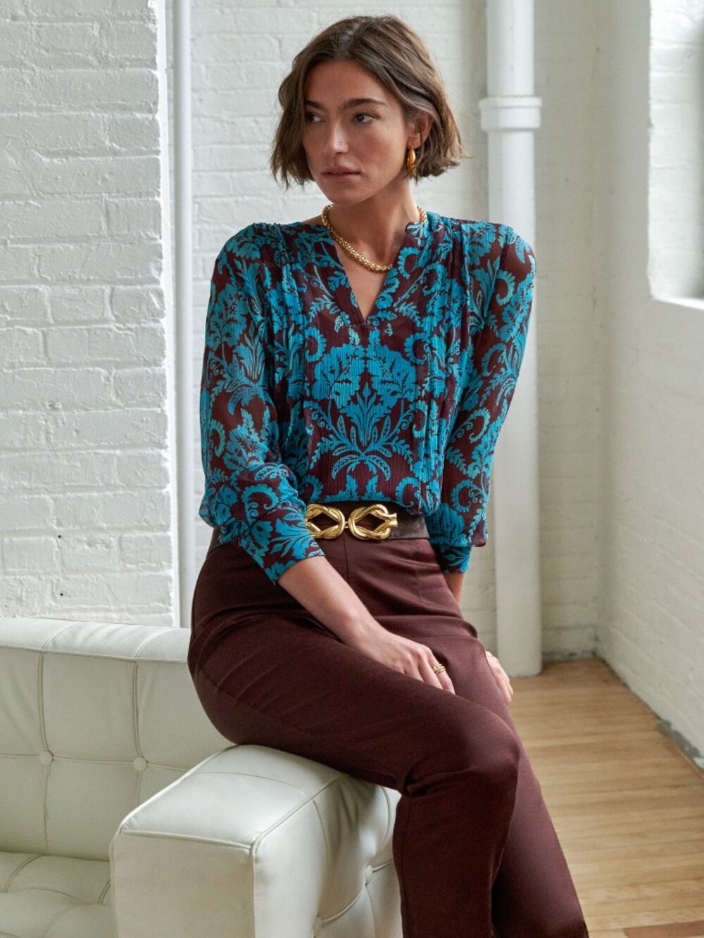 J McLaughlin Katherine Silk Chiffon Blouse in Windsor Vine - Dark Brown/Aqua NEW